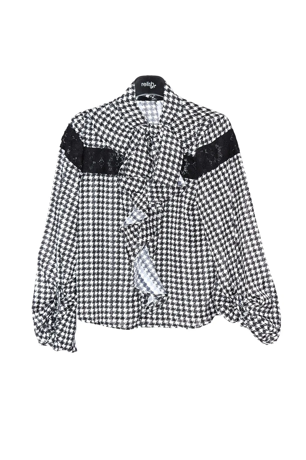 Blusa JURYY per bambina manica lunga Sbuffo più Fiocco più Gale più Inserti Pizzo Fantasia Pied De Poule