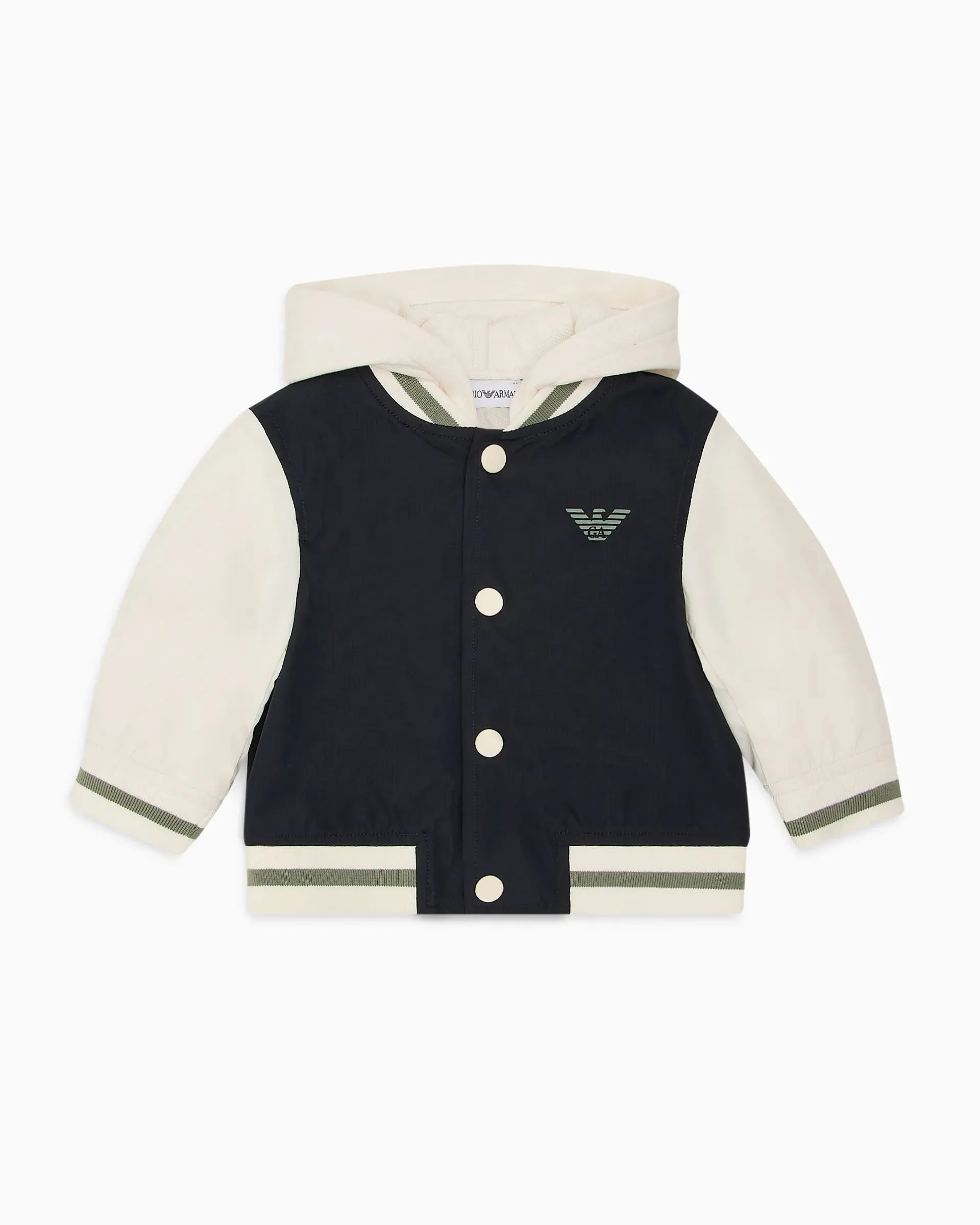Bomber blu in nylon con maniche e cappuccio in felpa color panna 18-36 mesi