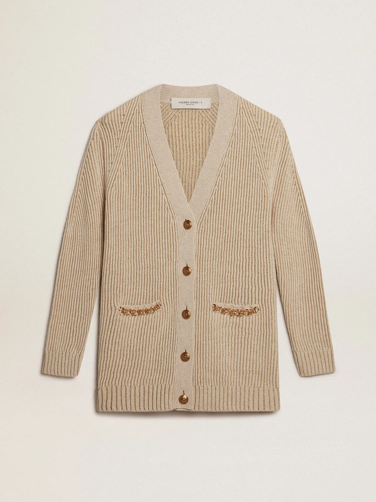 Cardigan in misto lana con trama punto costa inglese