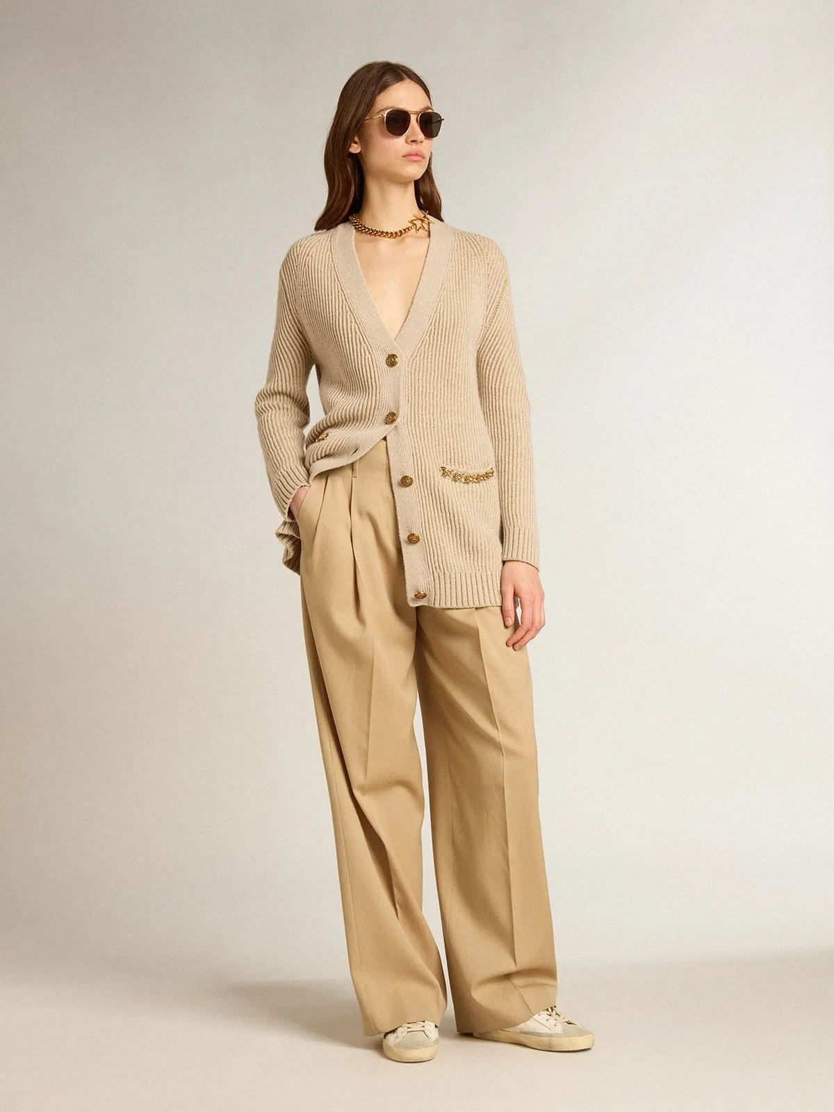 Cardigan in misto lana con trama punto costa inglese