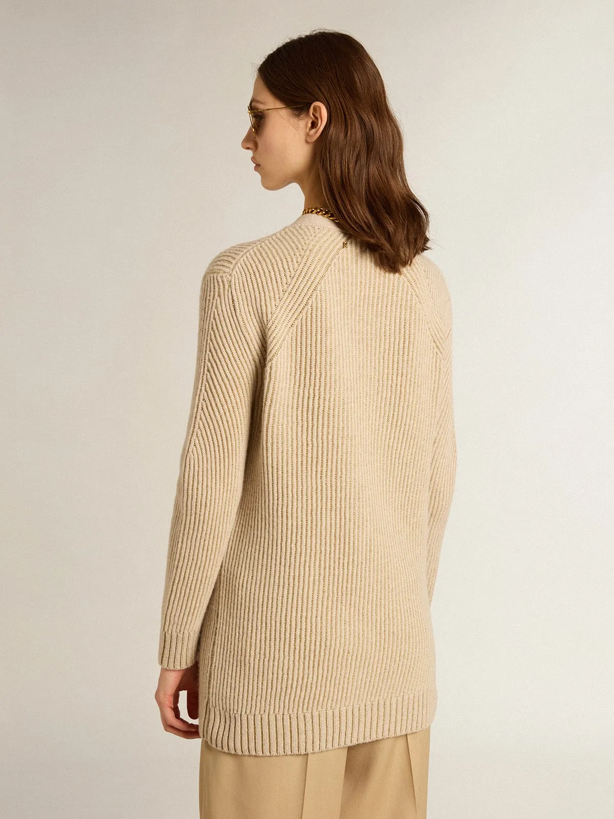 Cardigan in misto lana con trama punto costa inglese