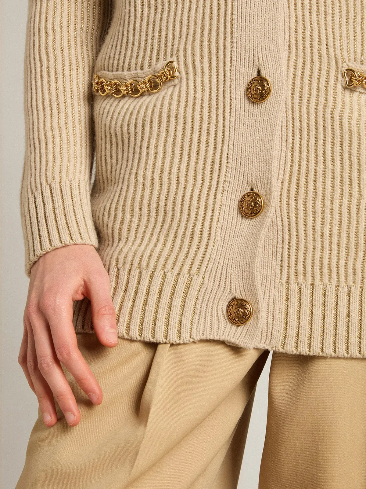 Cardigan in misto lana con trama punto costa inglese