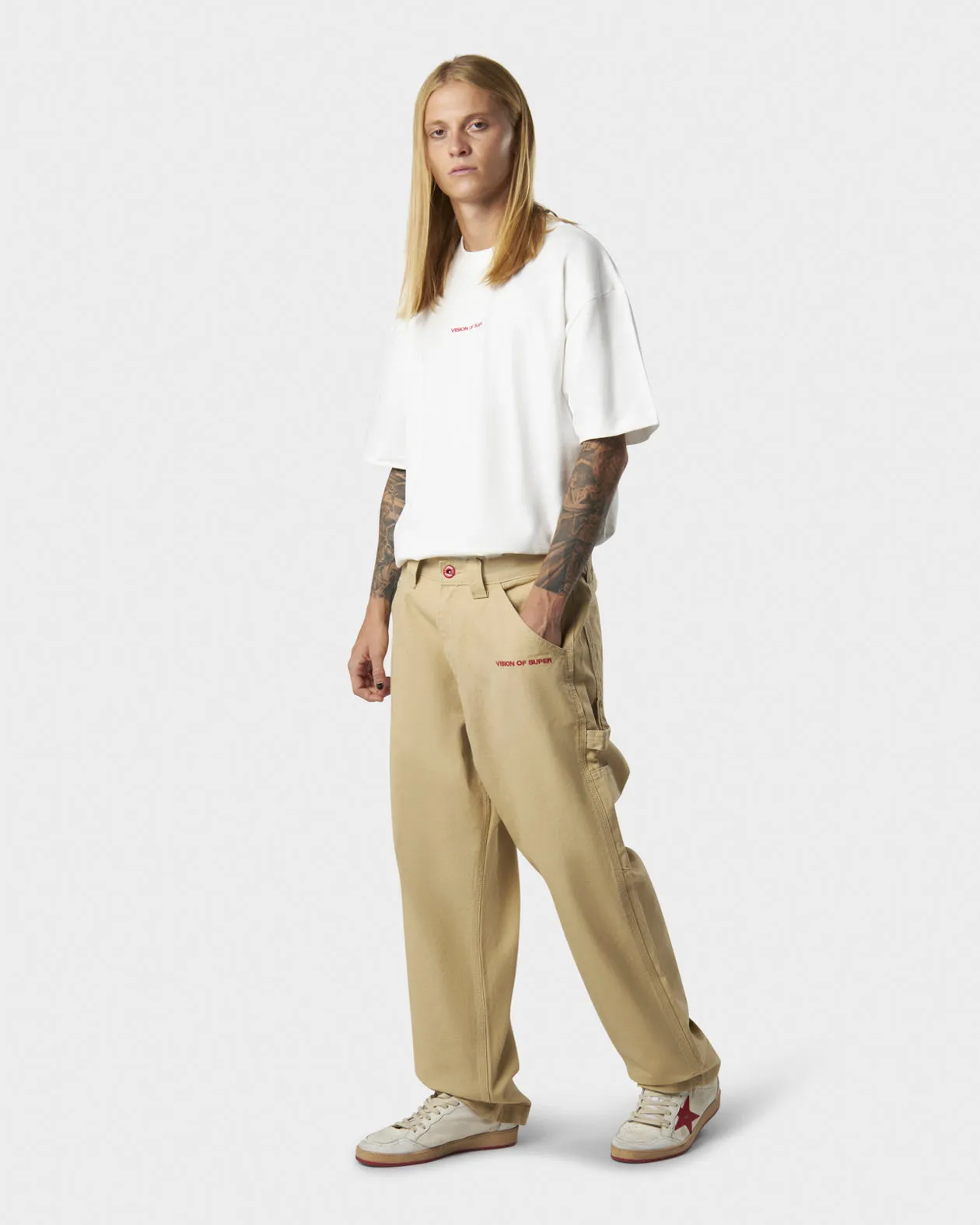 DENIM DA LAVORO BEIGE CON FIAMME RICAMATE