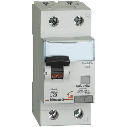 Interruttore Magnetotermico Differenziale 1P+N 4,5kA Idn 0,03A tipo AC 2 moduli DIN 230V In 20A - BTICINO GC8813AC20 