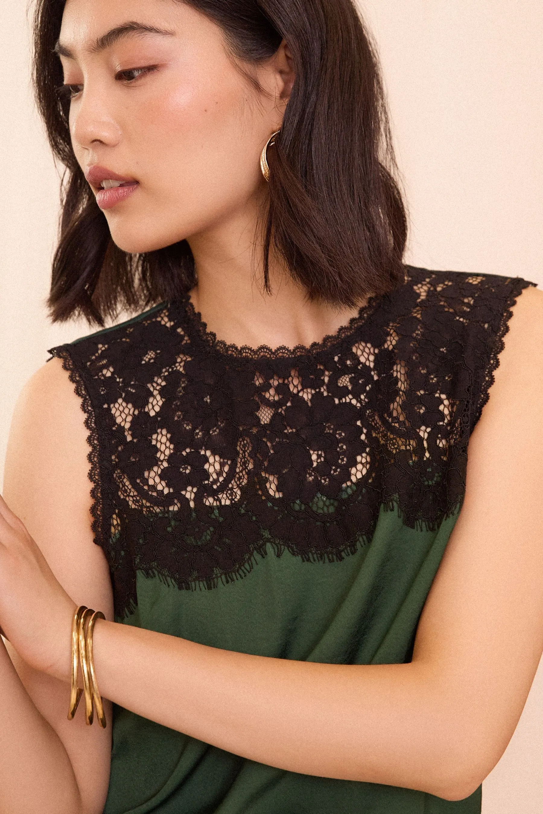 Love & Roses Lace Yoke Satin Shell Top    