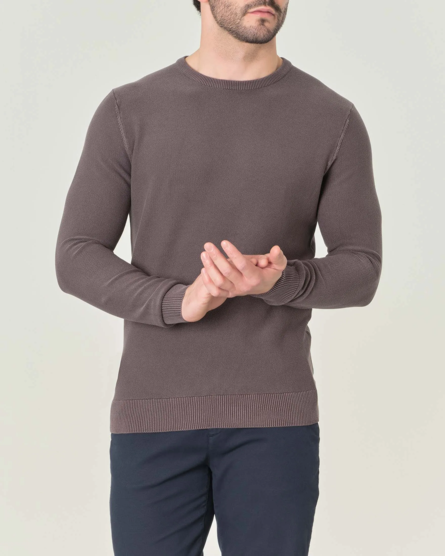 Maglia girocollo grigio antracite in puro cotone a grana di riso