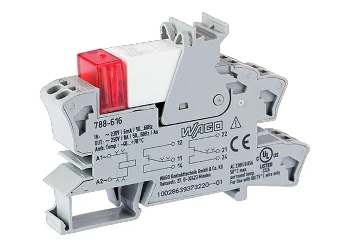 Modulo a relè WAGO serie 788, bobina 230V ca, Guida DIN, contatti DPDT