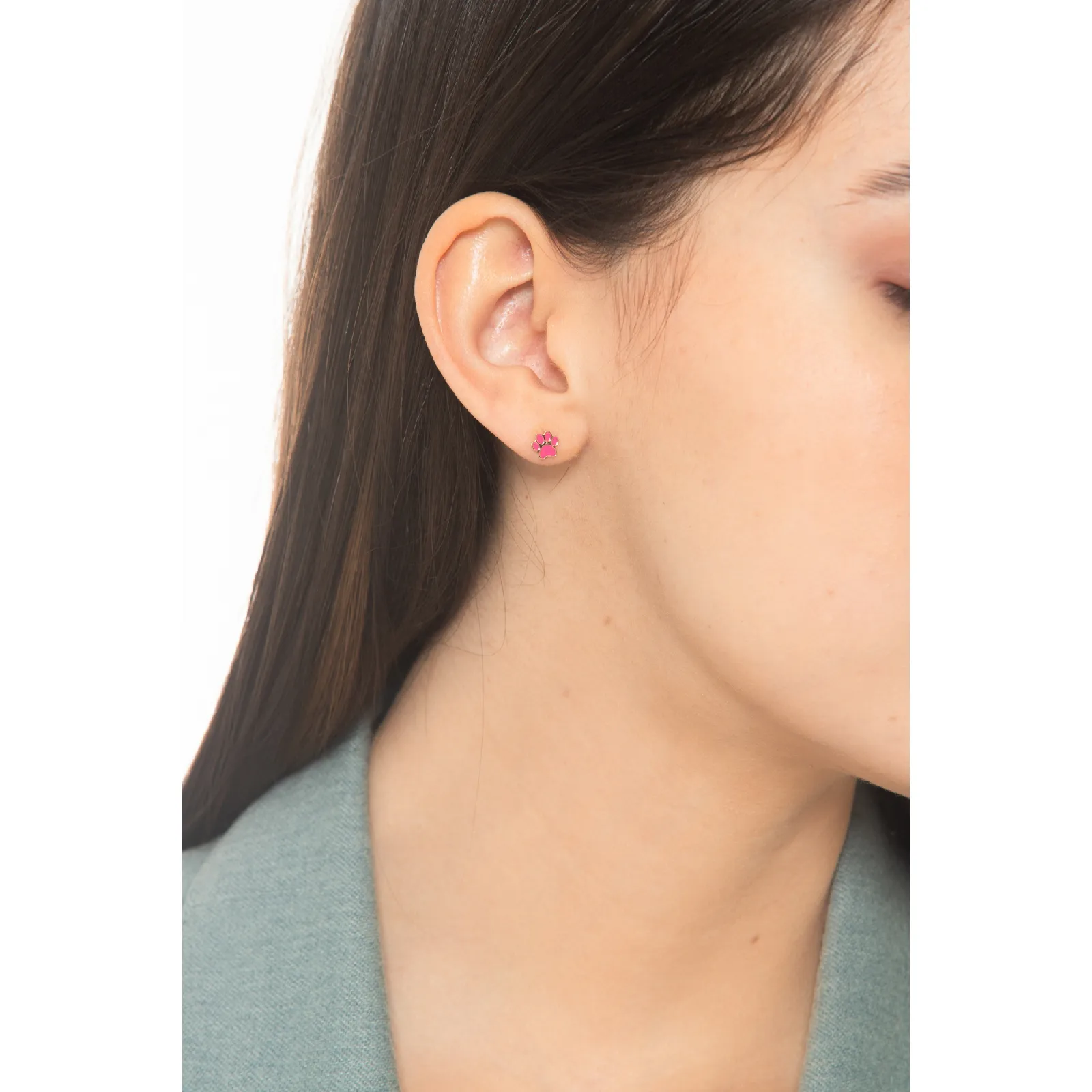 Orecchini in oro giallo 18k con Bulldog Francese e zampa rosa