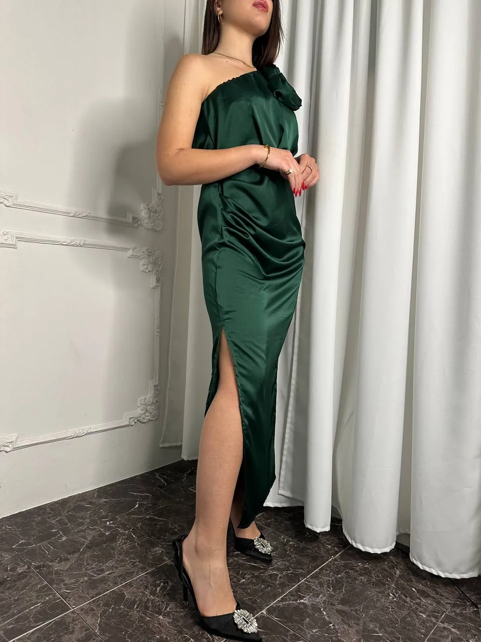 Vestito Monospalla Rose smeraldo